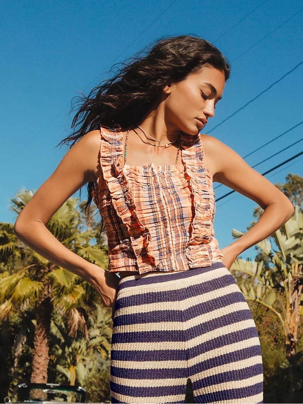 Verb Plaid Ruffle Cropped Top